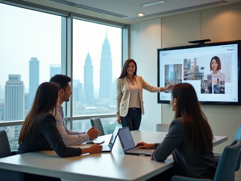 A confident design strategist presenting branding concepts to attentive clients