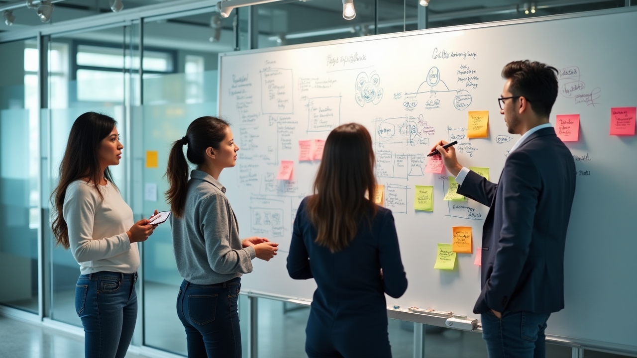 A dynamic brainstorming session with design professionals collaborating on creative concepts