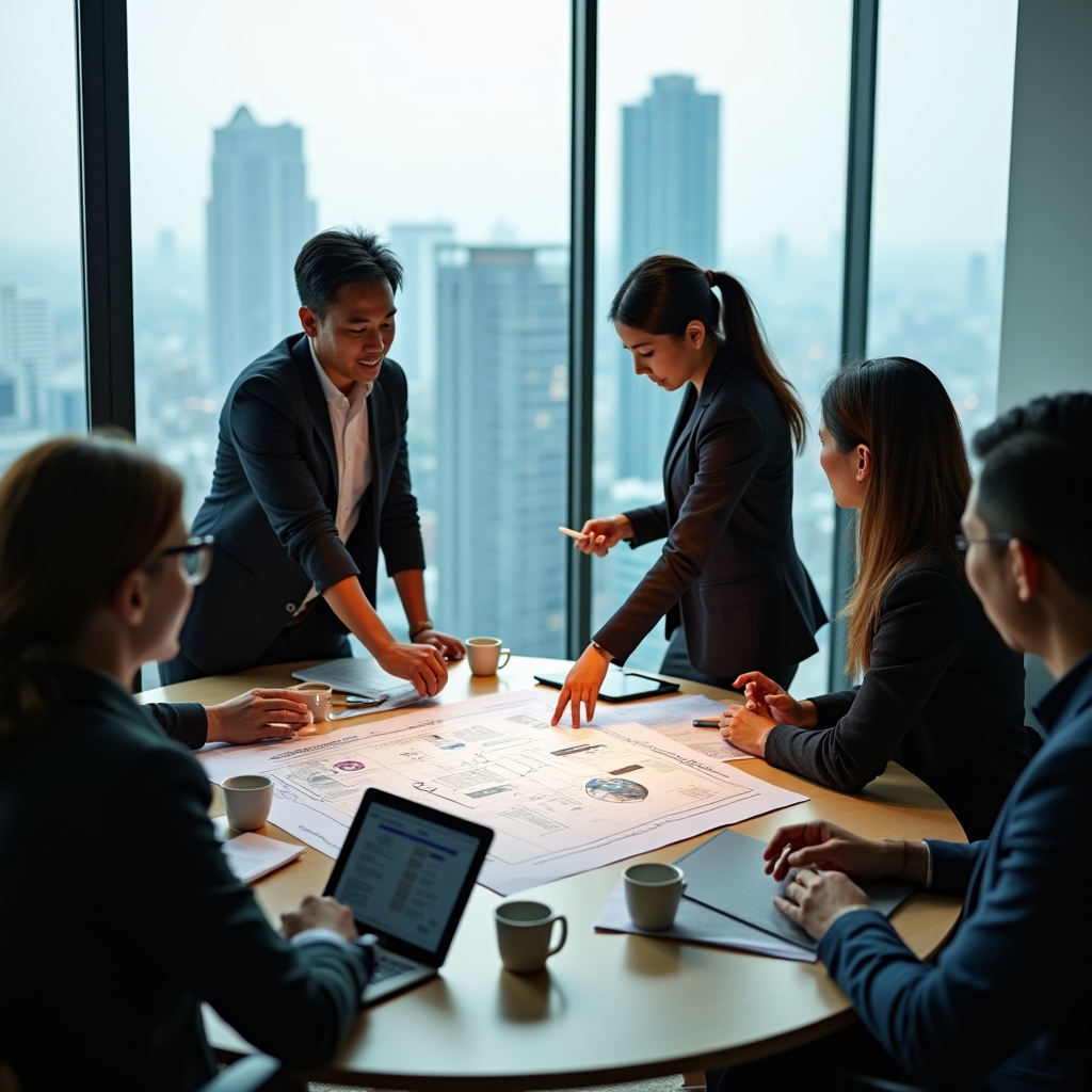 Strategy meeting with professionals discussing brand design concepts