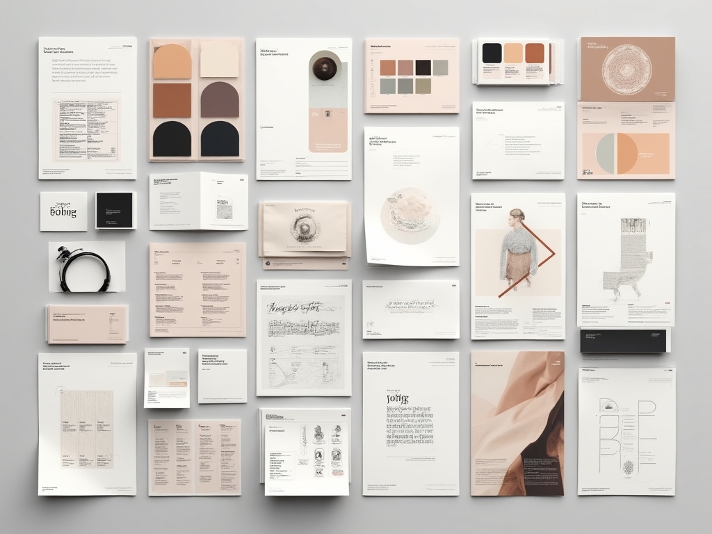 Collection of visual identity elements including color swatches, patterns and brand application examples